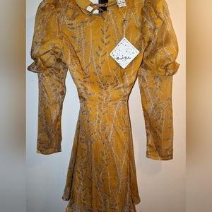 NWT Angel Biba Feather Design Print Dress -  Mustard Yellow / S